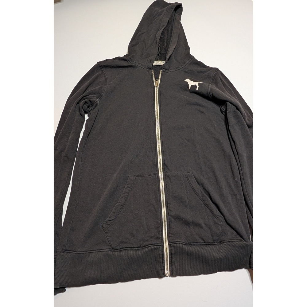 Victorias Secret PINK Full Zip Hoodie Black‎ Love PINK Graphic Dog Logo Small